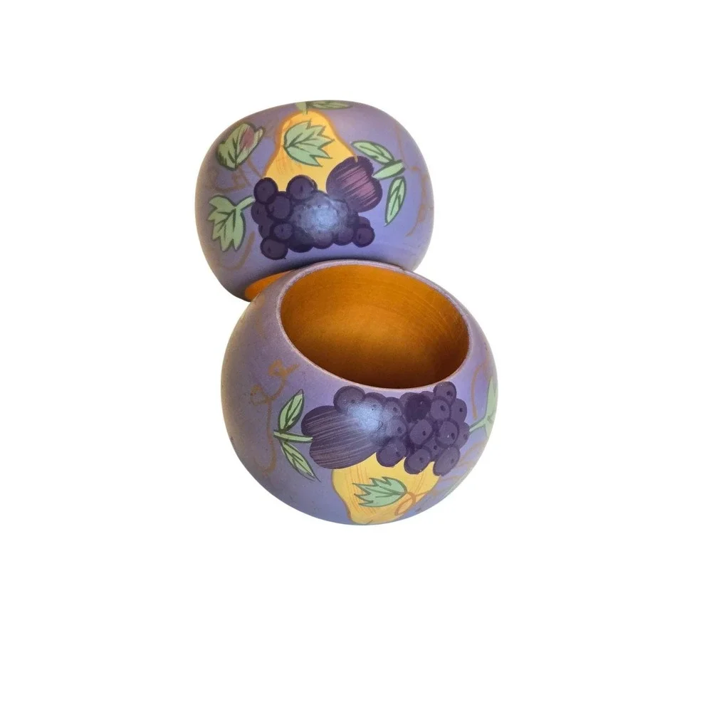 Vintage Hand Painted Wooden Fruit Napkin Rings Set 2 Farmhouse Country Decor